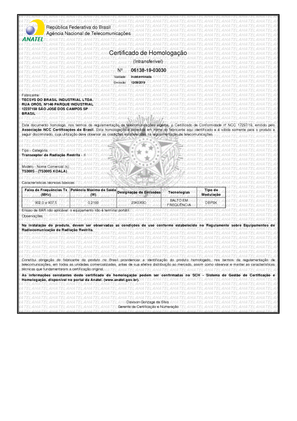 Certificado de homologação do TS300S Koala